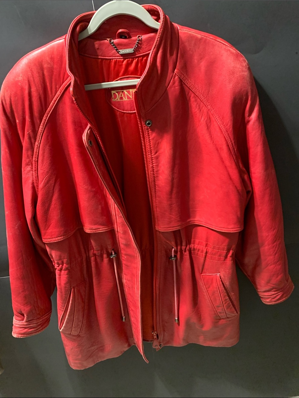 Vintage Danier red leather jacket with draw string